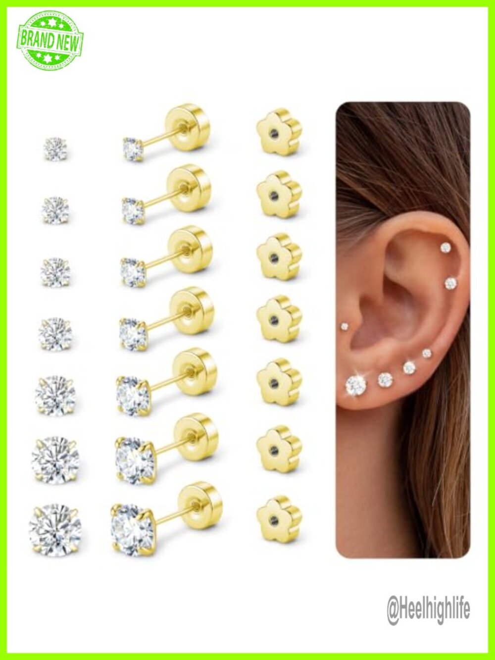 20G Flat Back Stud Earrings Hypoallergenic Surgical Steel Screw Back Set